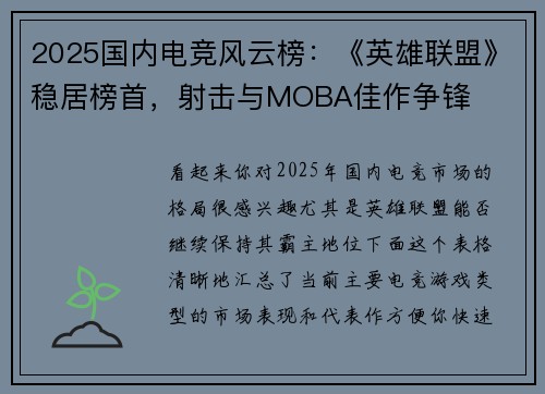 2025国内电竞风云榜：《英雄联盟》稳居榜首，射击与MOBA佳作争锋
